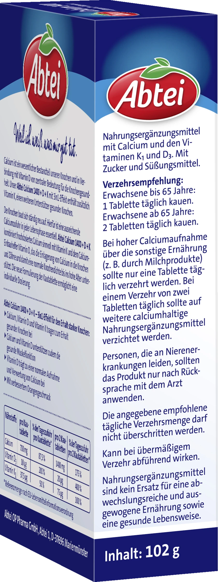 Abtei Calcium 1400 + Vitamin D + Vitamin K 3 Abtei Calcium 1400 + Vitamin D + Vitamin K – Bild 3