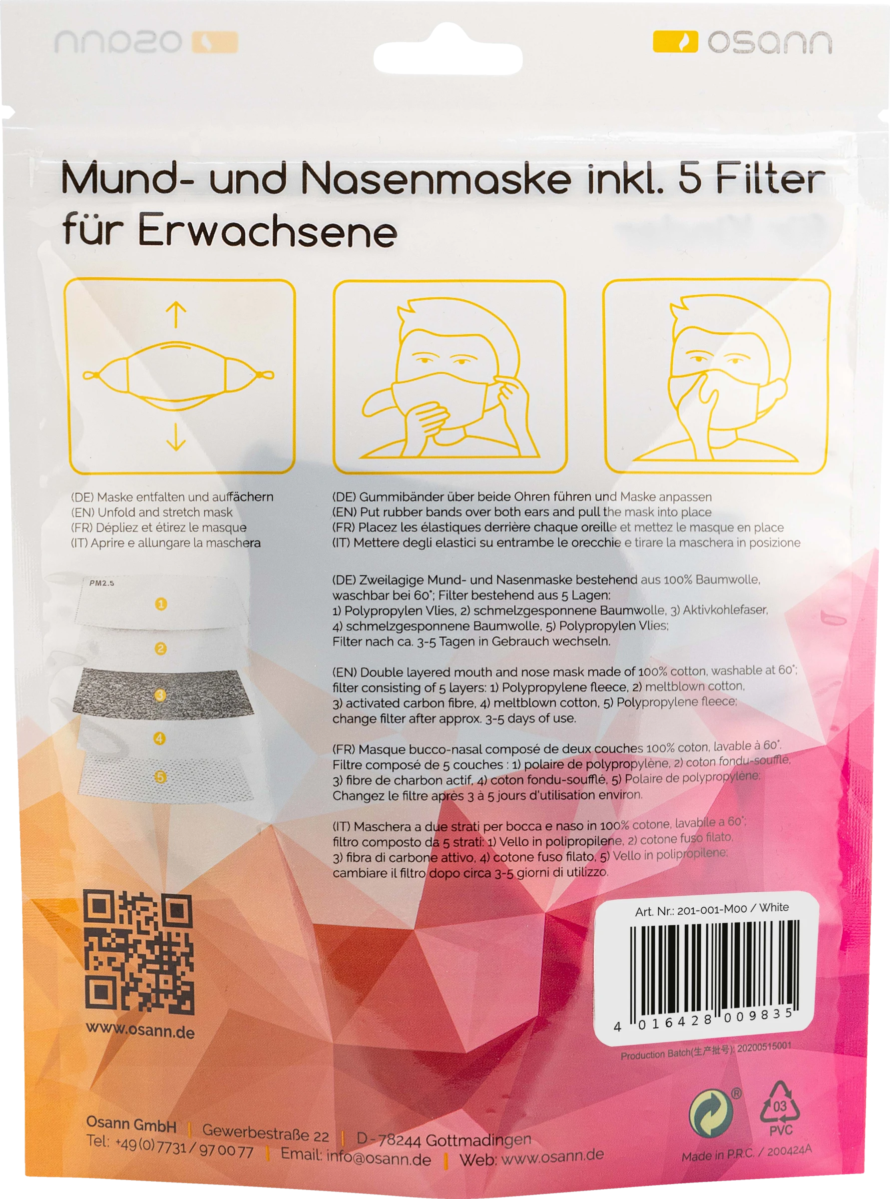 Osann Mund-und-Nasenmaske Erwachsenen Uni Weiß Inkl. Filter 2 Osann Mund-und-Nasenmaske Erwachsenen Uni Weiß Inkl. Filter – Bild 2