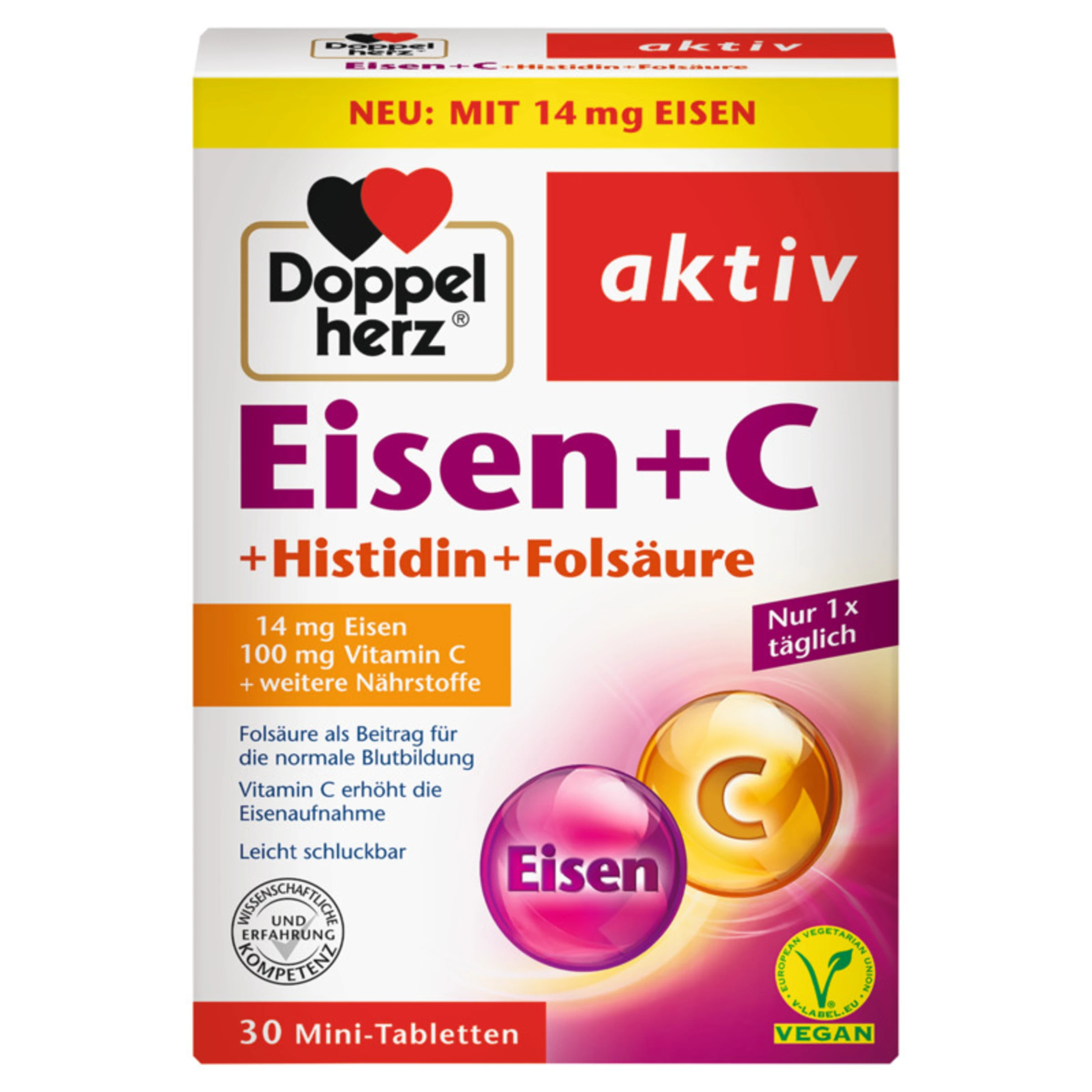 Doppelherz Aktiv Eisen + C + Histidin + Folsäure Mini-Tabletten 1 Doppelherz Aktiv Eisen + C + Histidin + Folsäure Mini-Tabletten